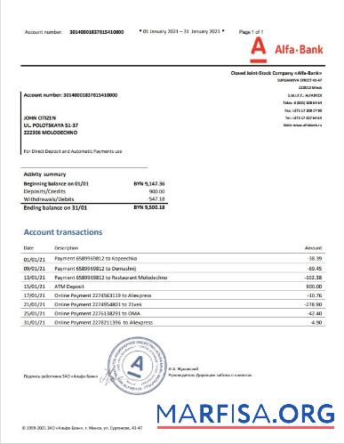 Blank Belarus Alfa bank statement exel example